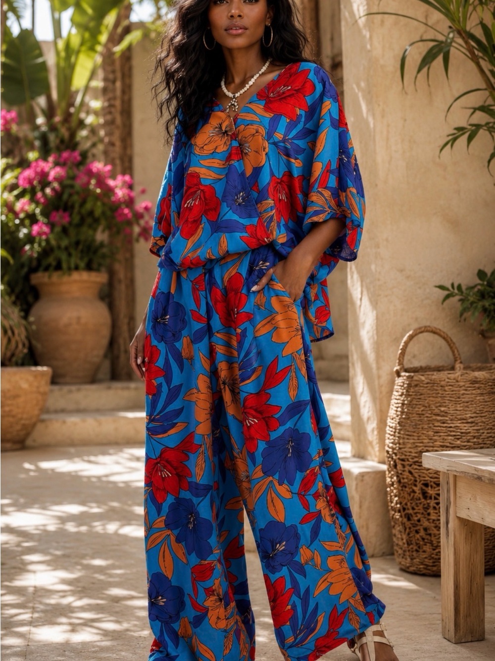 EASEL Bright Blue Floral Wide-Leg Pants  with Red & Orange Blooms